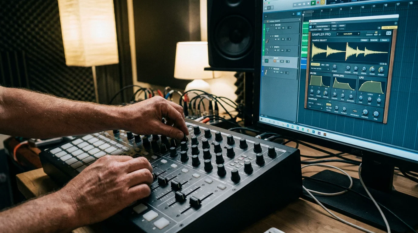 Producer adjusting MIDI controller with DAW sampler plugin visible on screen