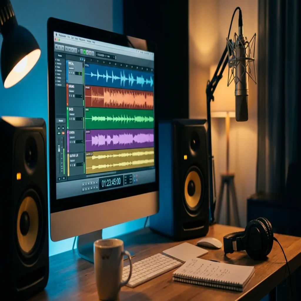 Music producer's studio desk at night with DAW on screen, studio monitors, and microphone