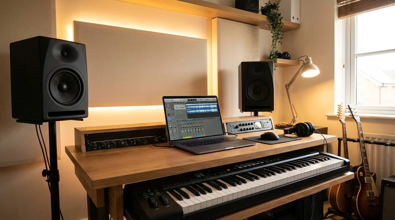 Modern home studio setup with laptop DAW, studio monitors, and MIDI keyboard for beat production