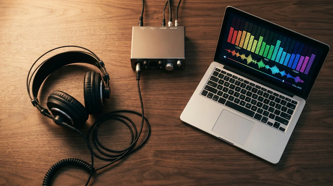 Flat lay of studio headphones, audio interface, and laptop with equalizer on dark wood desk