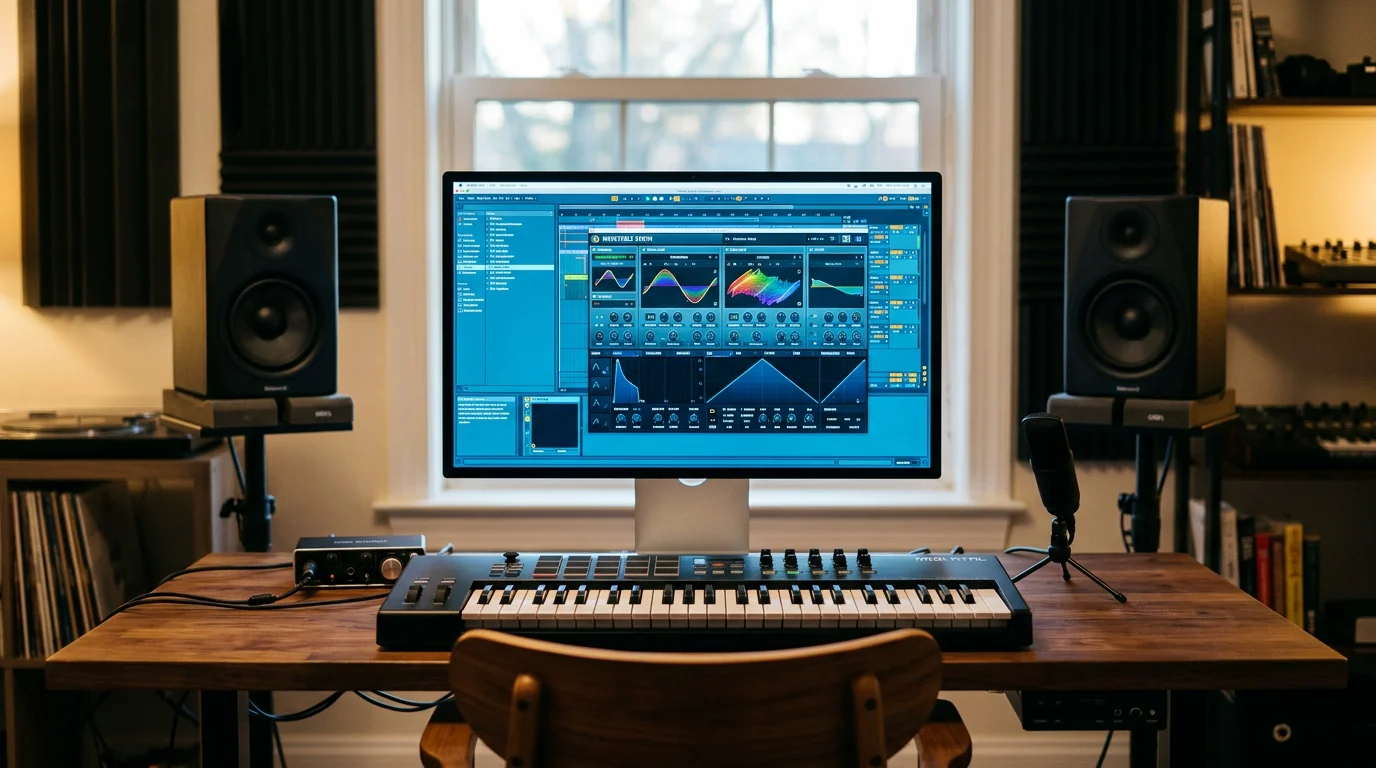 Producer workstation displaying a free wavetable synthesizer plugin