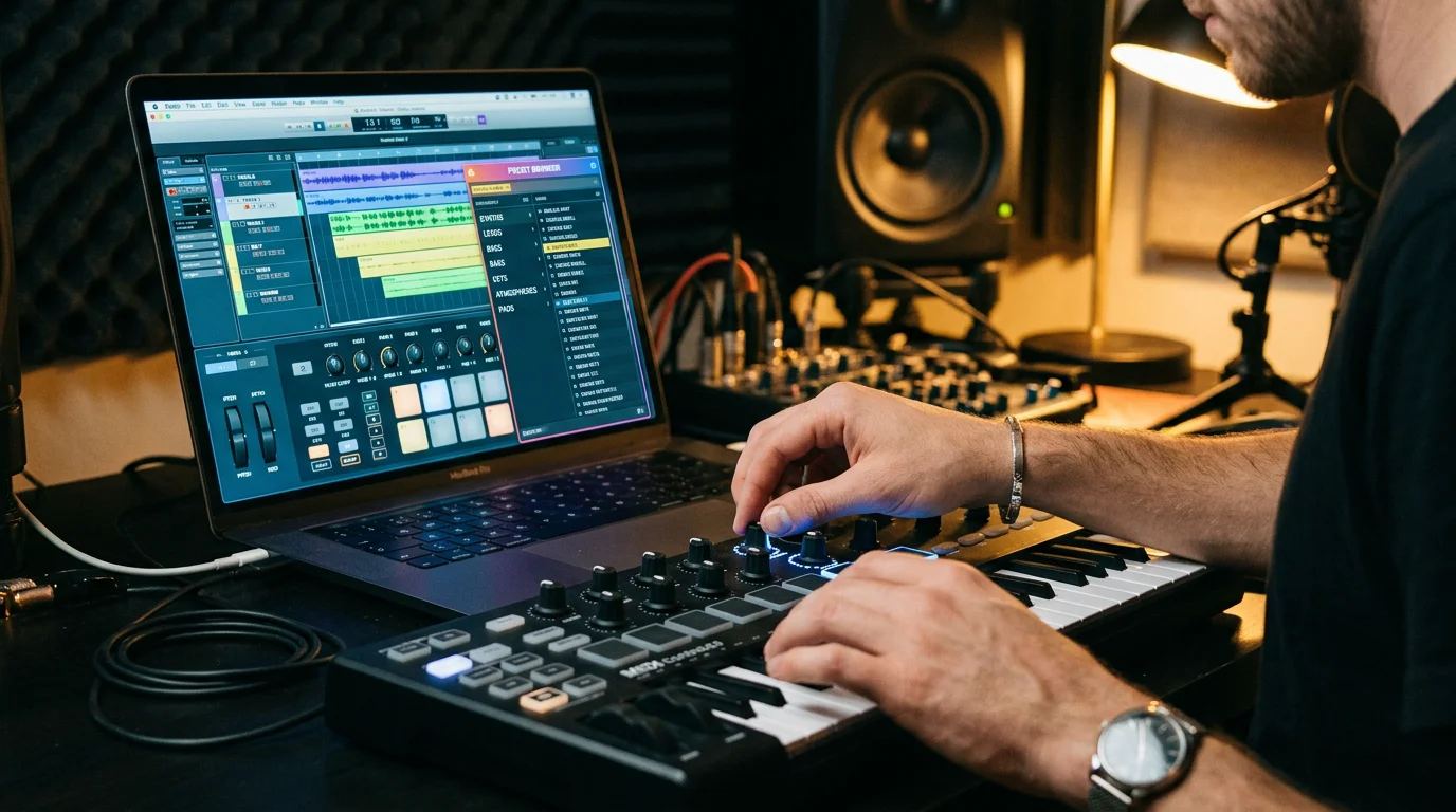 Producer browsing vocal presets while making a beat
