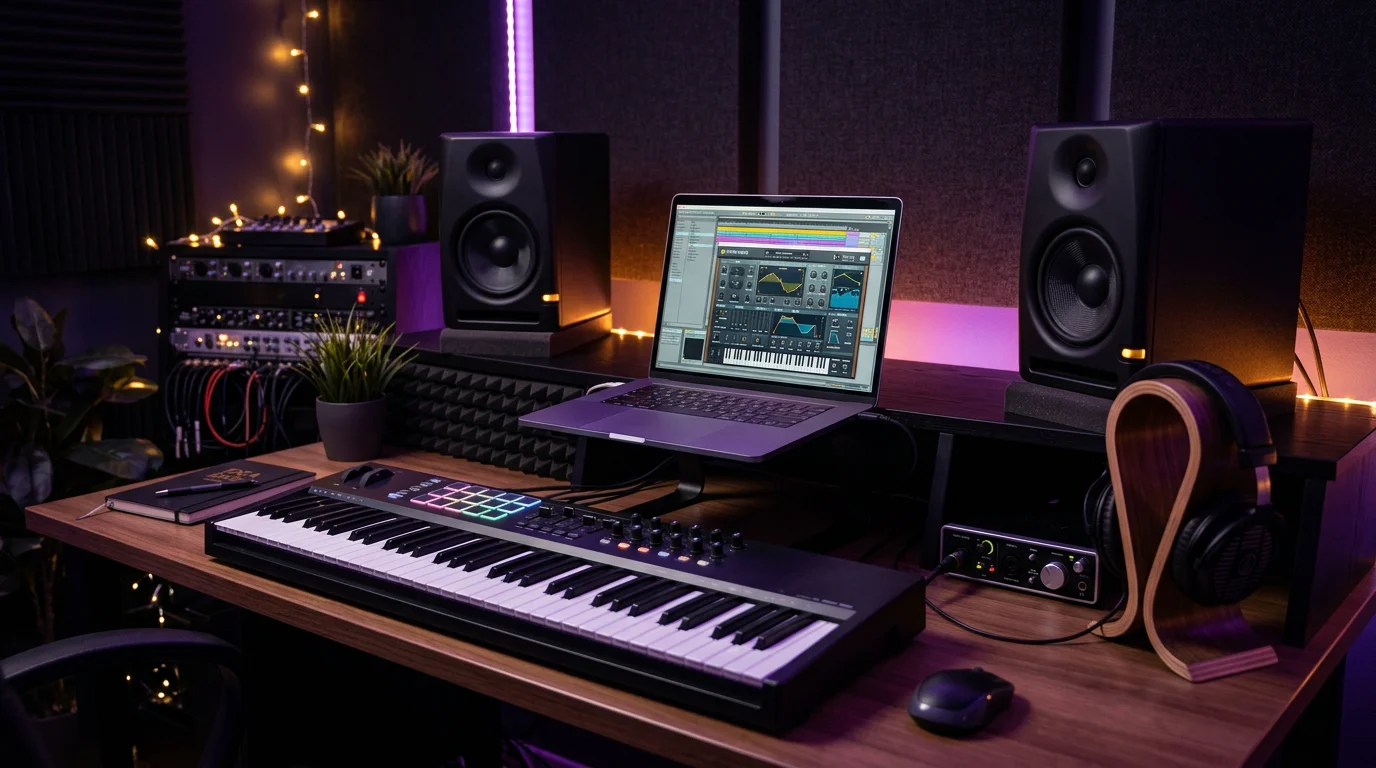 Home studio setup with a synthesizer plugin open on a laptop