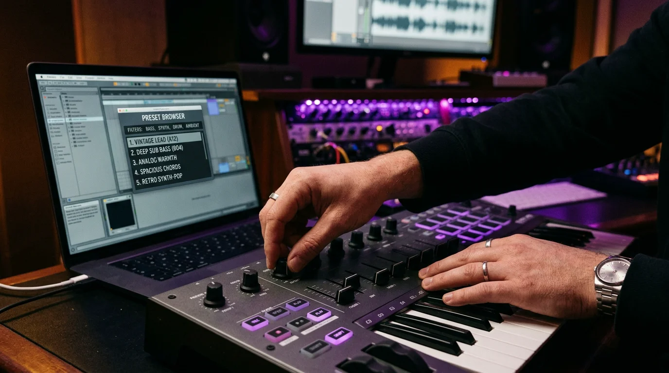 Producer selecting presets on a MIDI controller in a studio