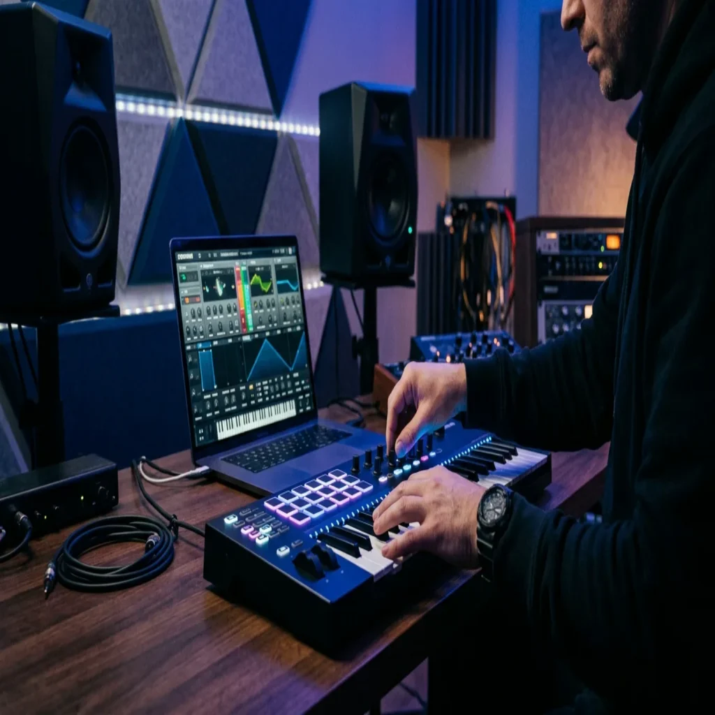 Modern music production studio with MIDI keyboard, laptop, and studio monitors