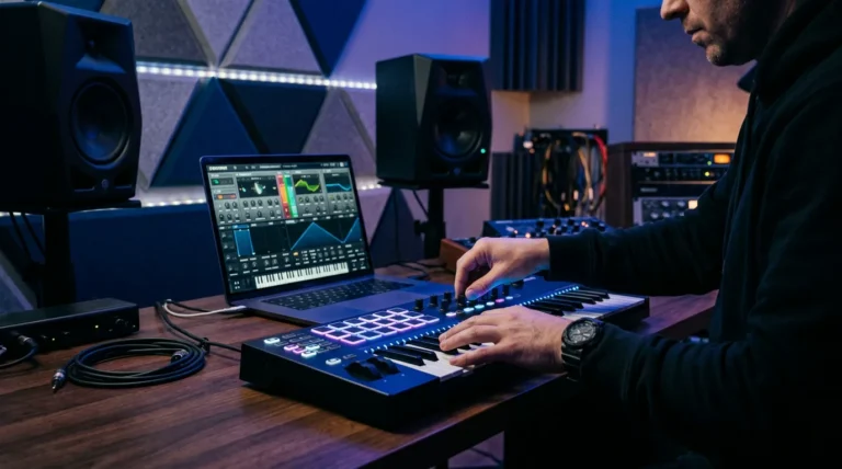 Modern music production studio with MIDI keyboard, laptop, and studio monitors