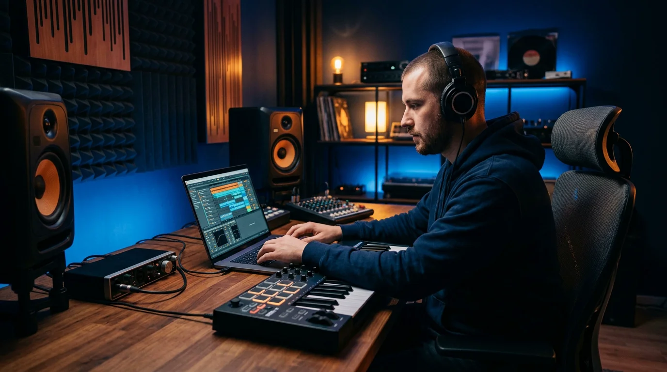 Producer working on a beat in a home studio with a MIDI keyboard and studio monitors