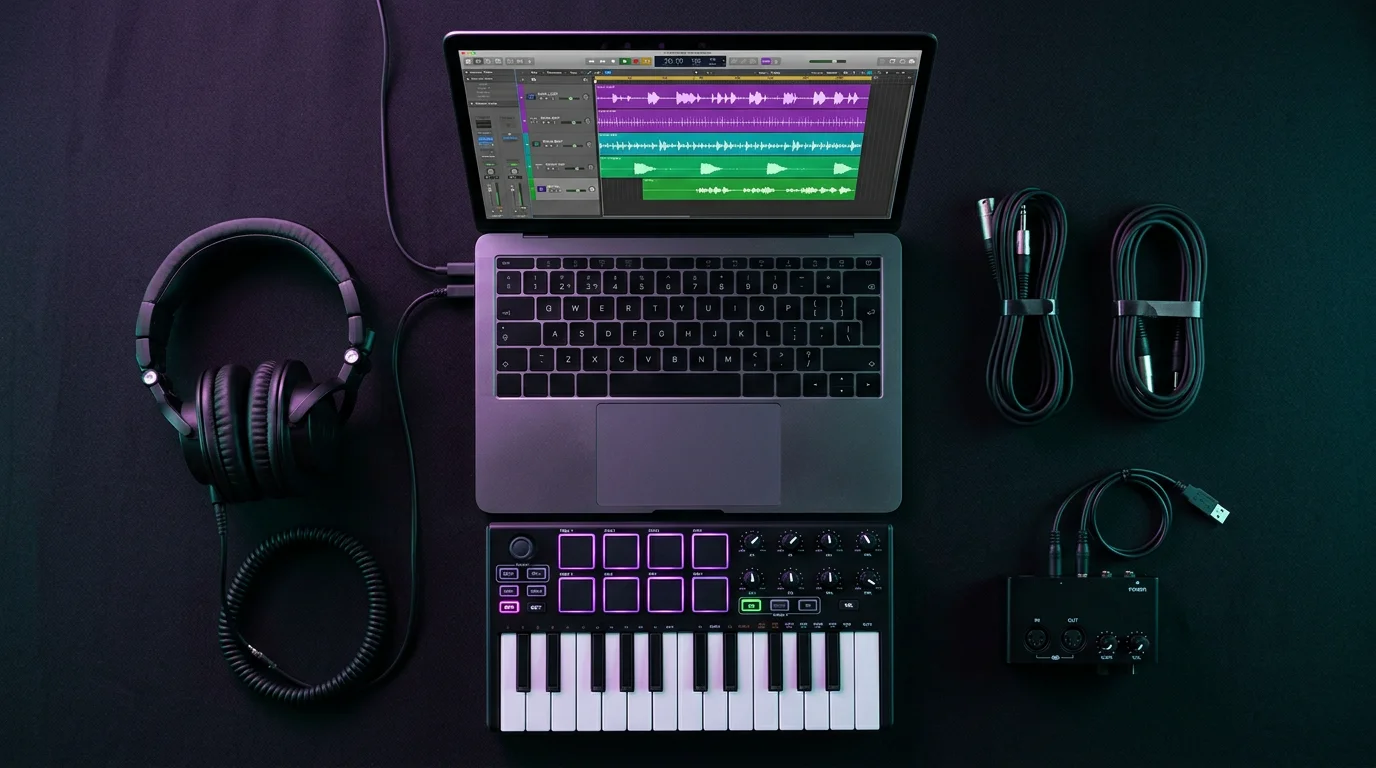 Flat lay of headphones, MIDI controller, and laptop showing audio waveforms