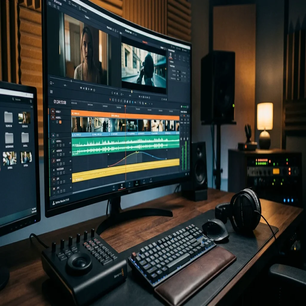 Professional video editing workstation displaying audio waveforms and a video timeline