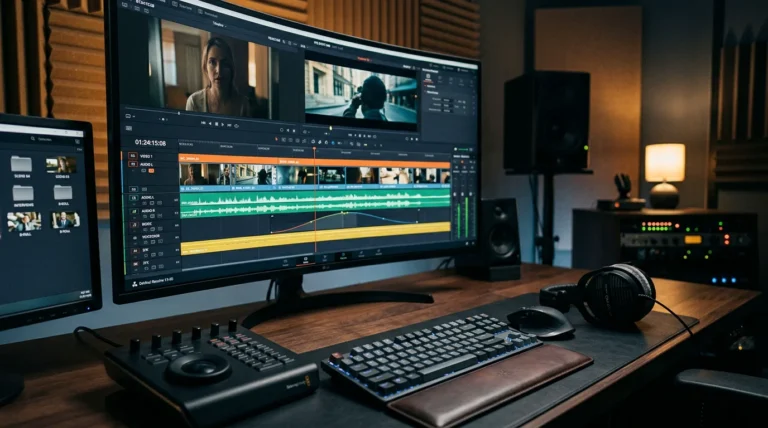 Professional video editing workstation displaying audio waveforms and a video timeline