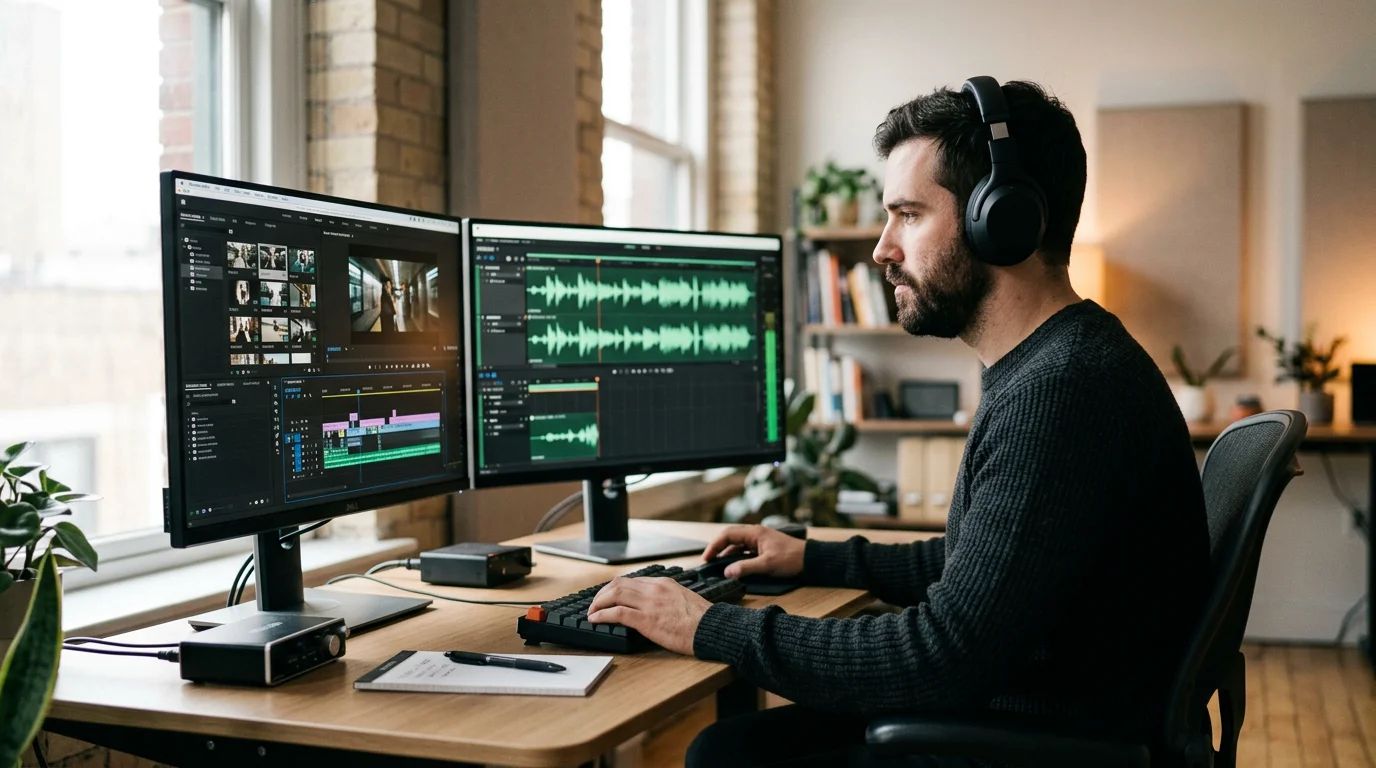 Video editor arranging sound effects on an audio timeline in an editing suite