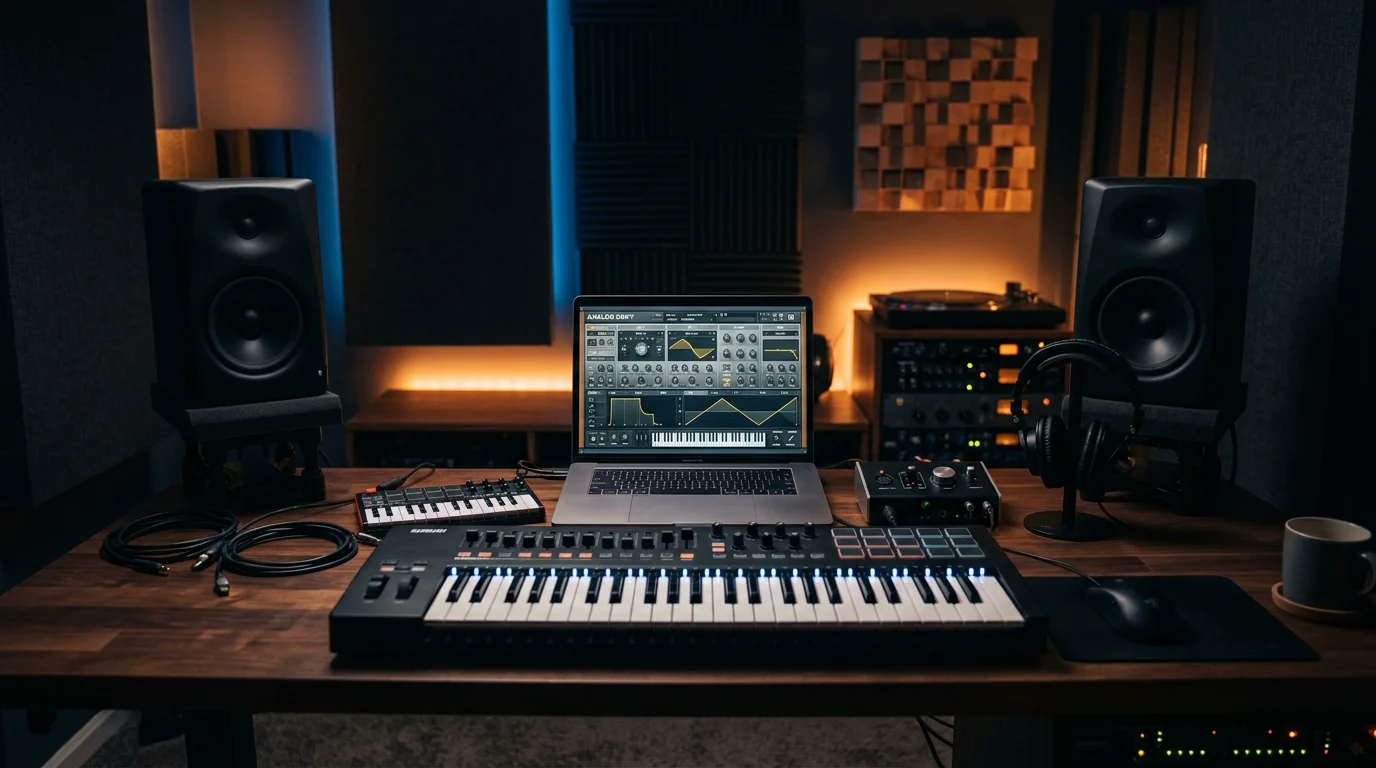 Music producer creating original sounds on a synthesizer with a MIDI keyboard in a studio