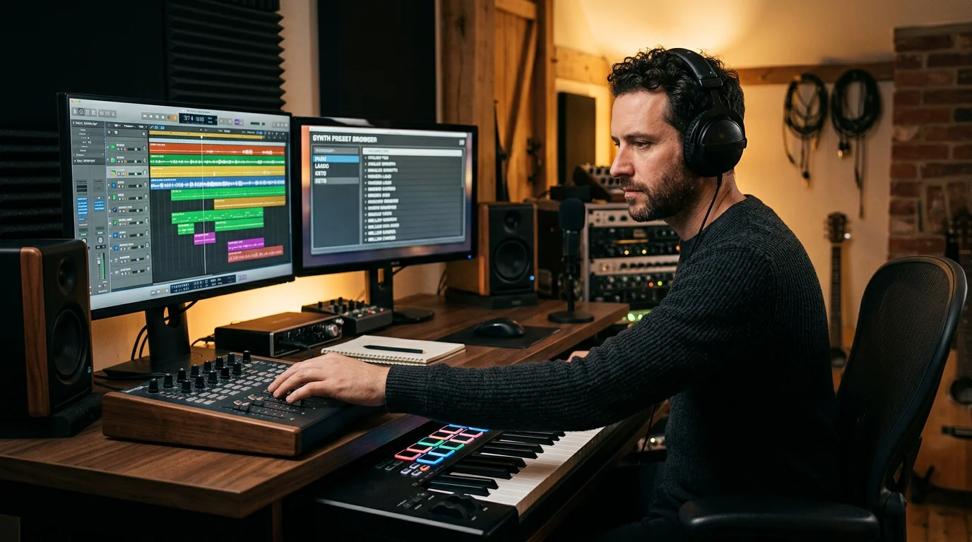 Producer browsing sound presets on a digital audio workstation in a home studio