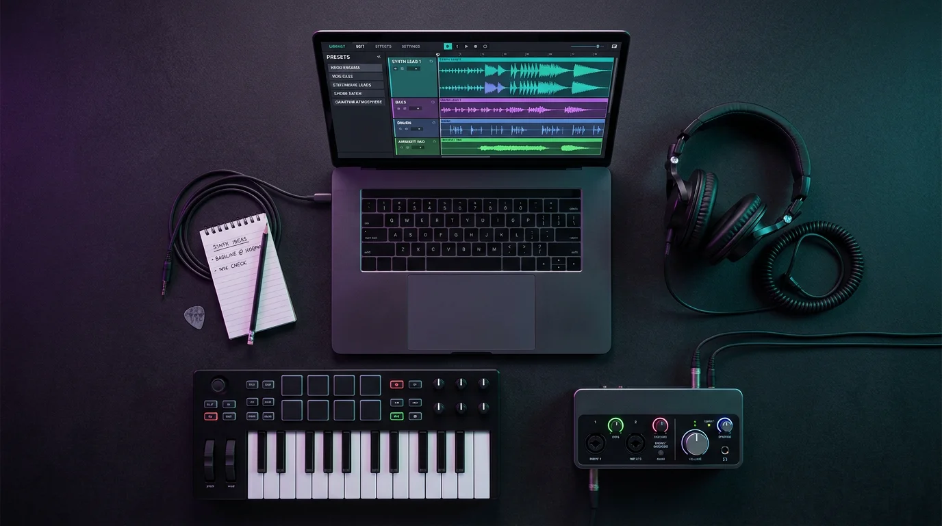 Flat lay of music production gear with a synthesizer preset interface on a laptop