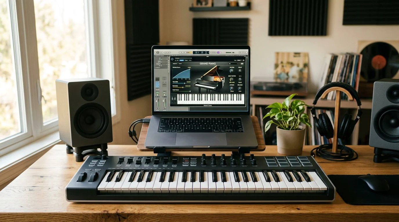 Producer testing a free piano VST plugin on a MIDI keyboard in a home studio