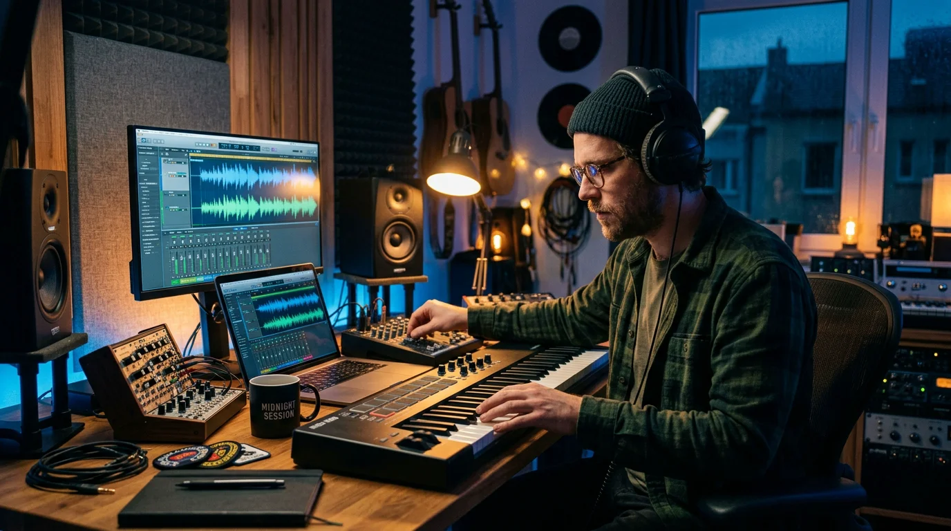 Producer arranging audio on a MIDI keyboard in a home studio