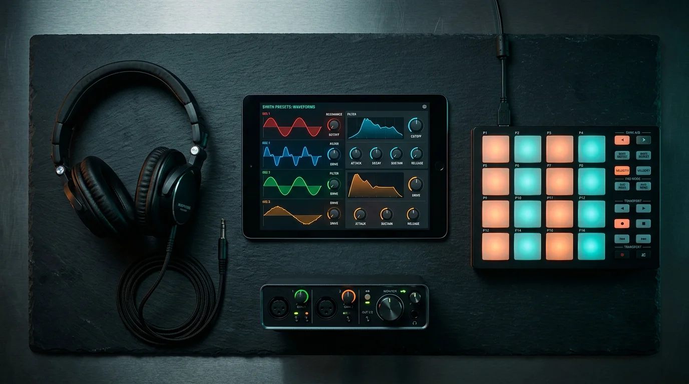 Flat lay of studio production gear and synth presets on a dark surface