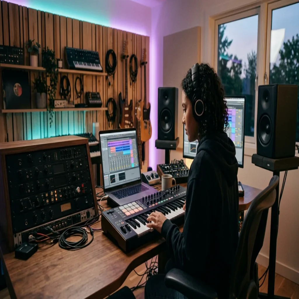 Producer working at a home studio desk with a DAW on screen at dusk