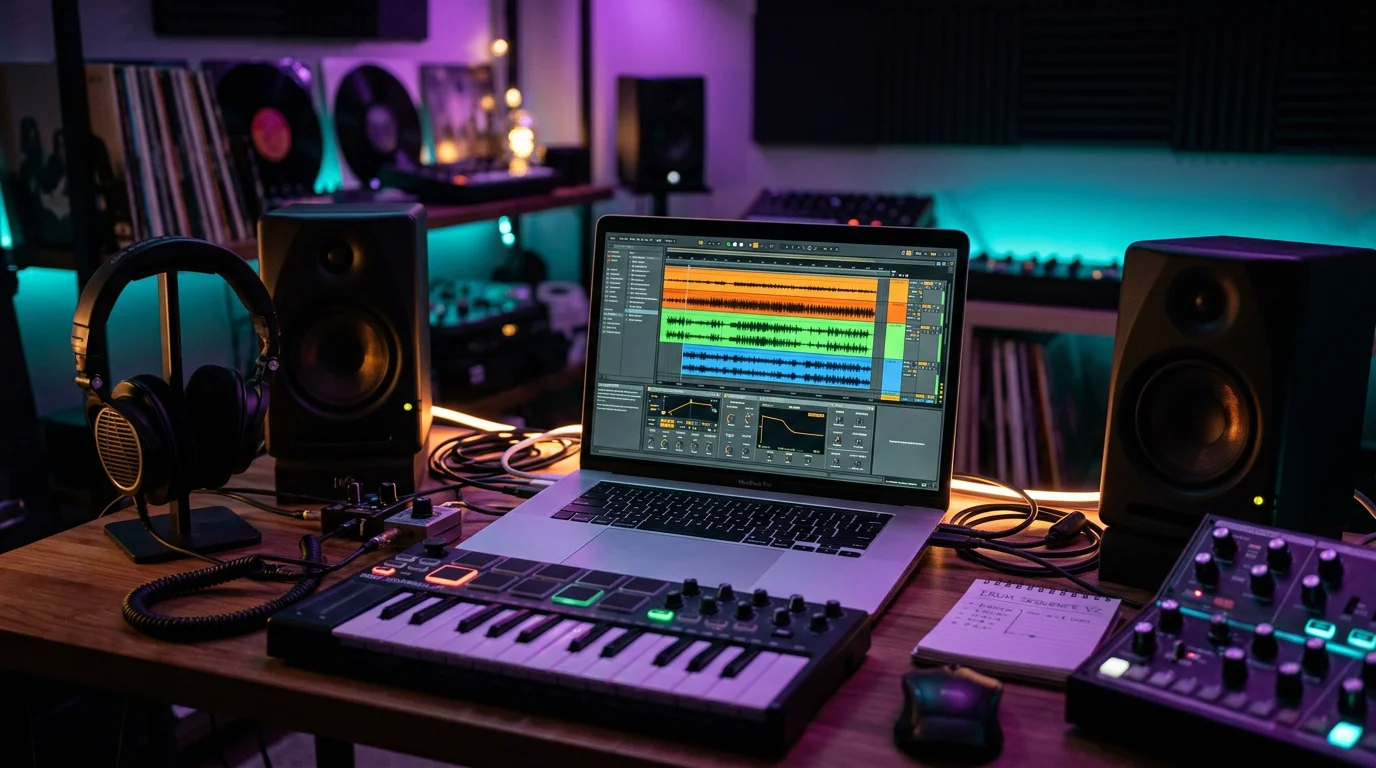 Producer workstation with a DAW open on screen in a home studio