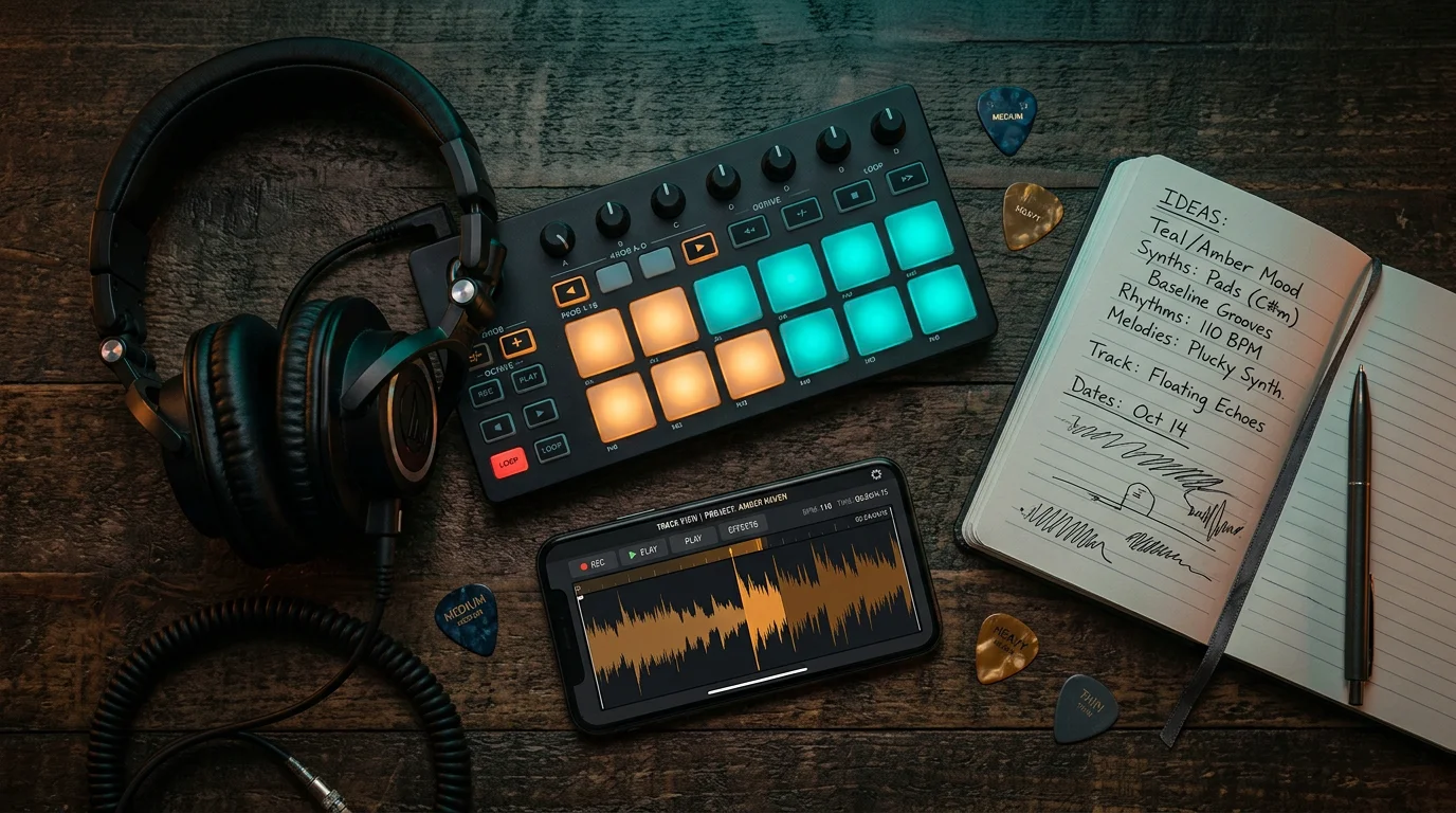 Flat lay of beatmaking gear arranged on a dark surface