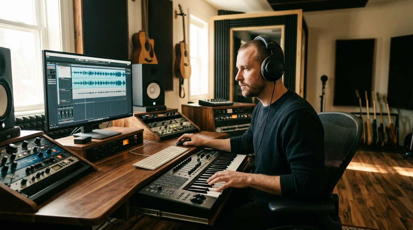 Producer browsing sound effect waveforms in a home studio