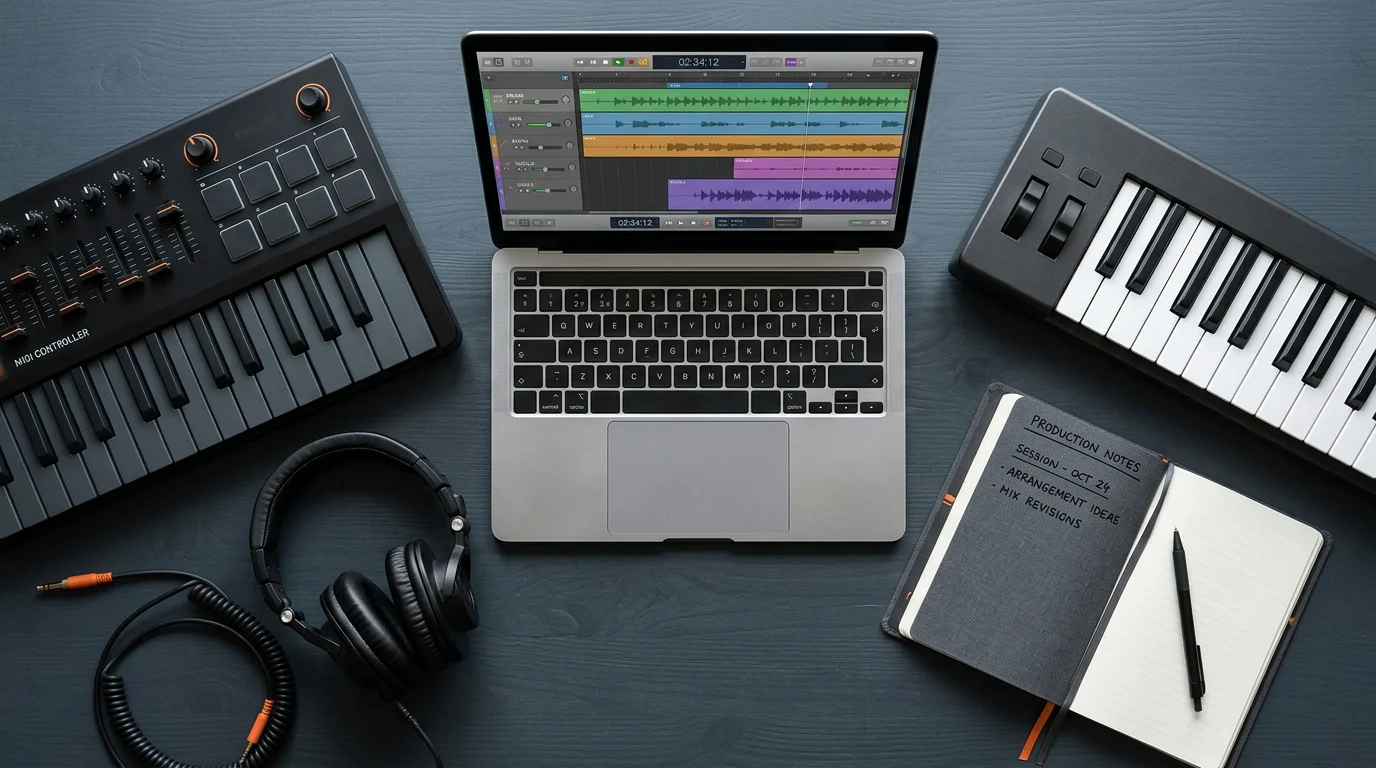 Overhead view of beatmaking tools and a project timeline