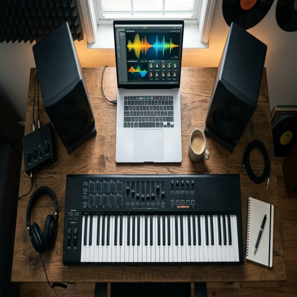 Home studio setup with MIDI keyboard and virtual instrument on screen