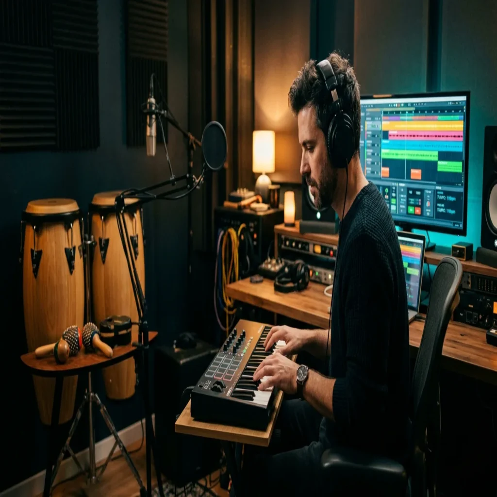 Music producer creating an Afrobeats beat in a warmly lit home studio