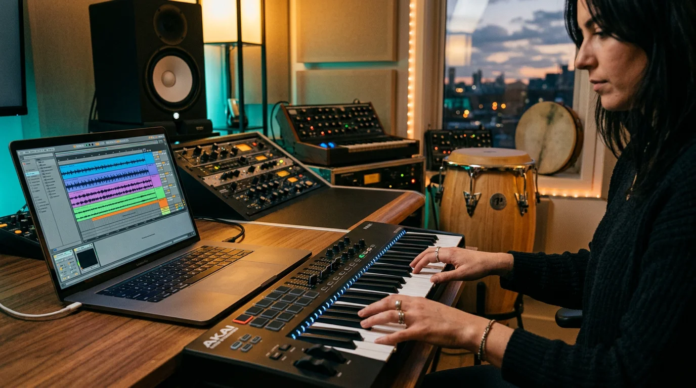 Producer building an Afrobeats beat in a home studio with percussion instruments nearby