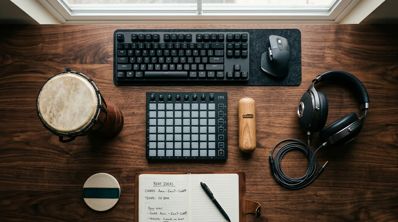 Overhead flat lay of Afrobeats production gear including MIDI controller, headphones and percussion