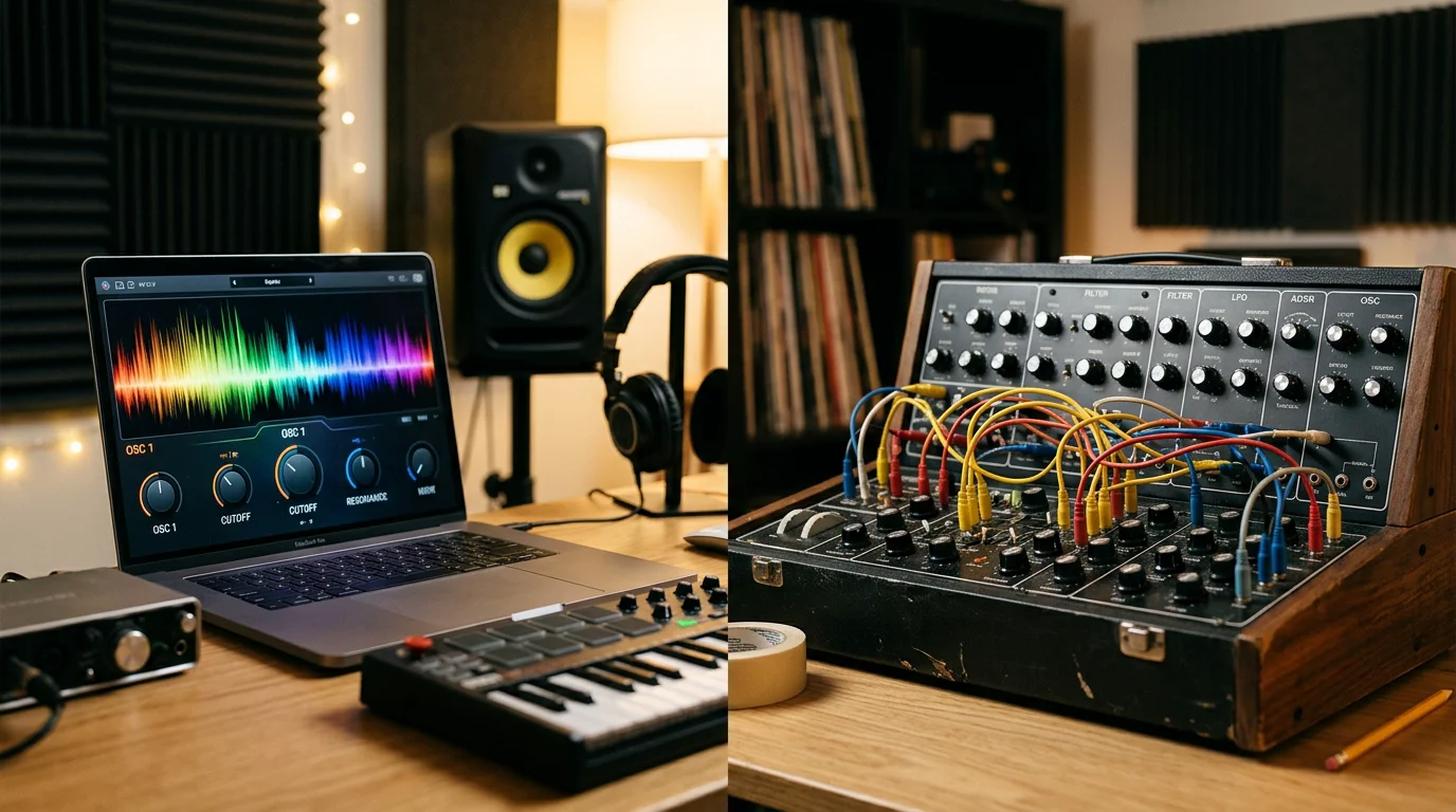 Laptop software synth beside a hardware analog synthesizer in a home studio