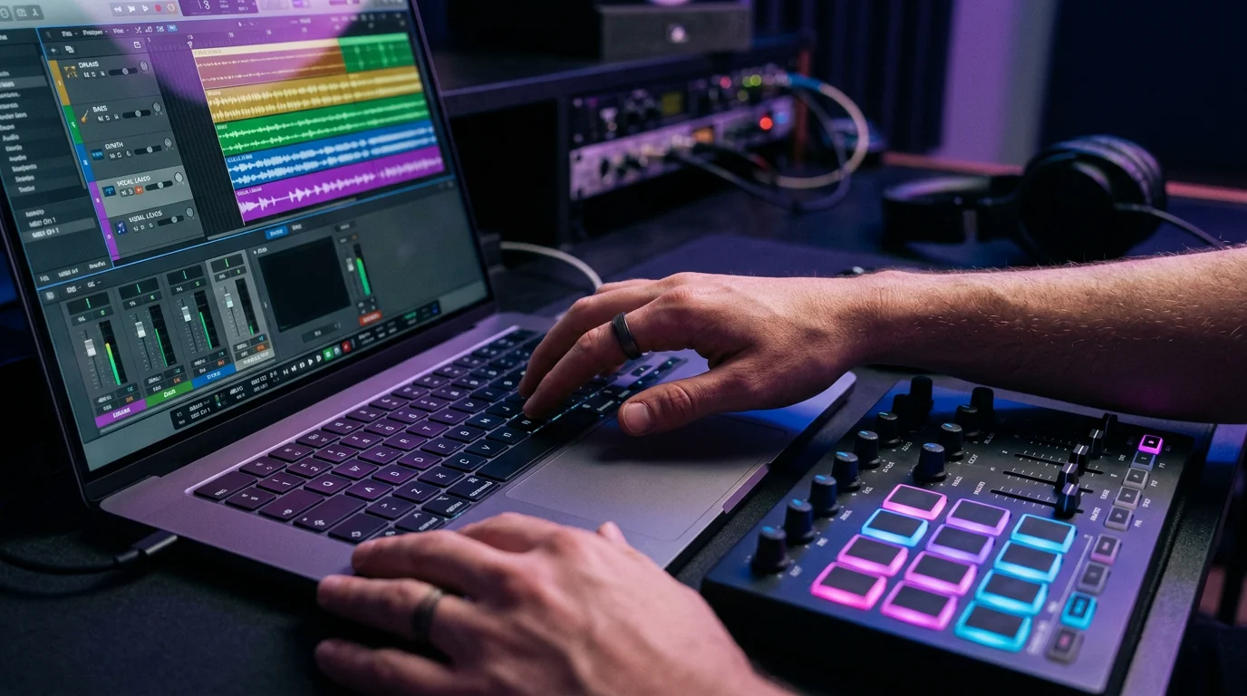 Producer adjusting virtual instrument settings on a laptop with a MIDI controller