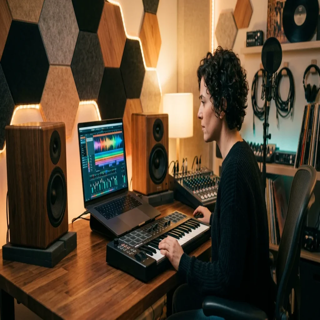 Music producer working in a home studio with a laptop and MIDI keyboard