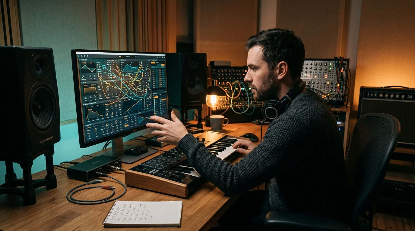Producer designing sounds on a synthesizer inside a home studio