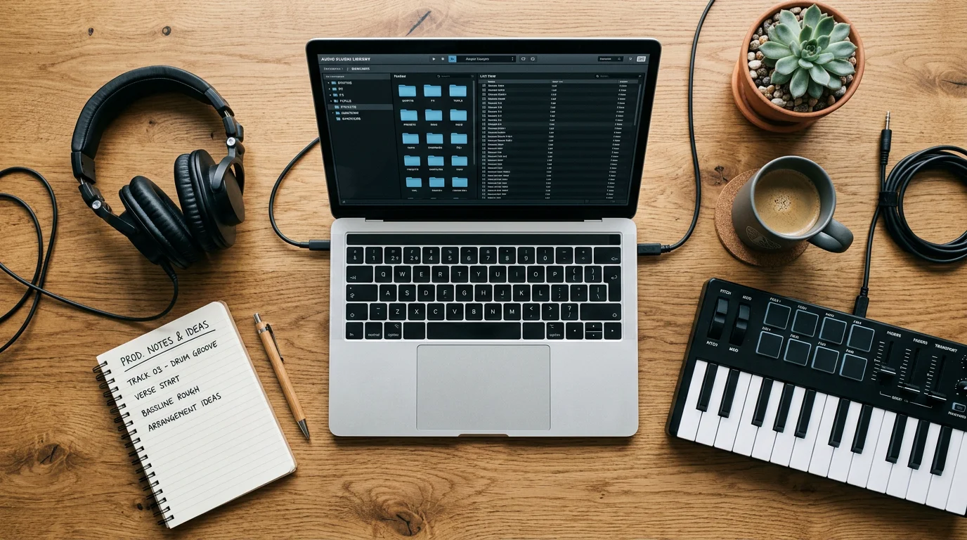 Overhead view of a music production workspace with laptop and controller