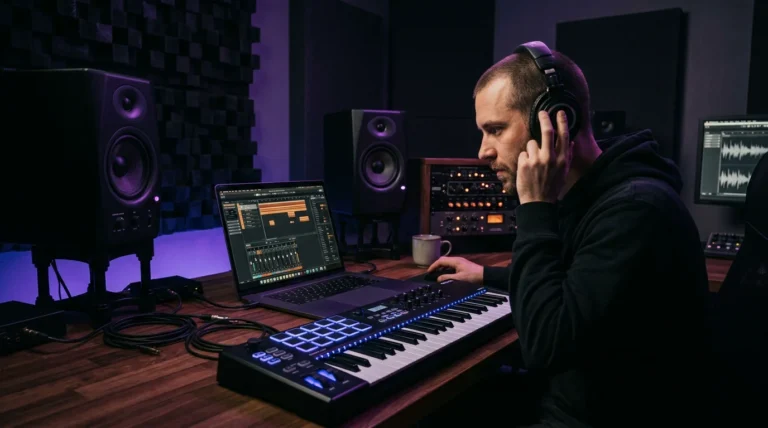 Dark home studio with digital audio workstation and MIDI keyboard for producers