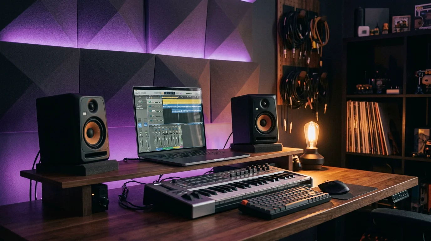Producer workstation with MIDI keyboard and studio monitors for beatmaking