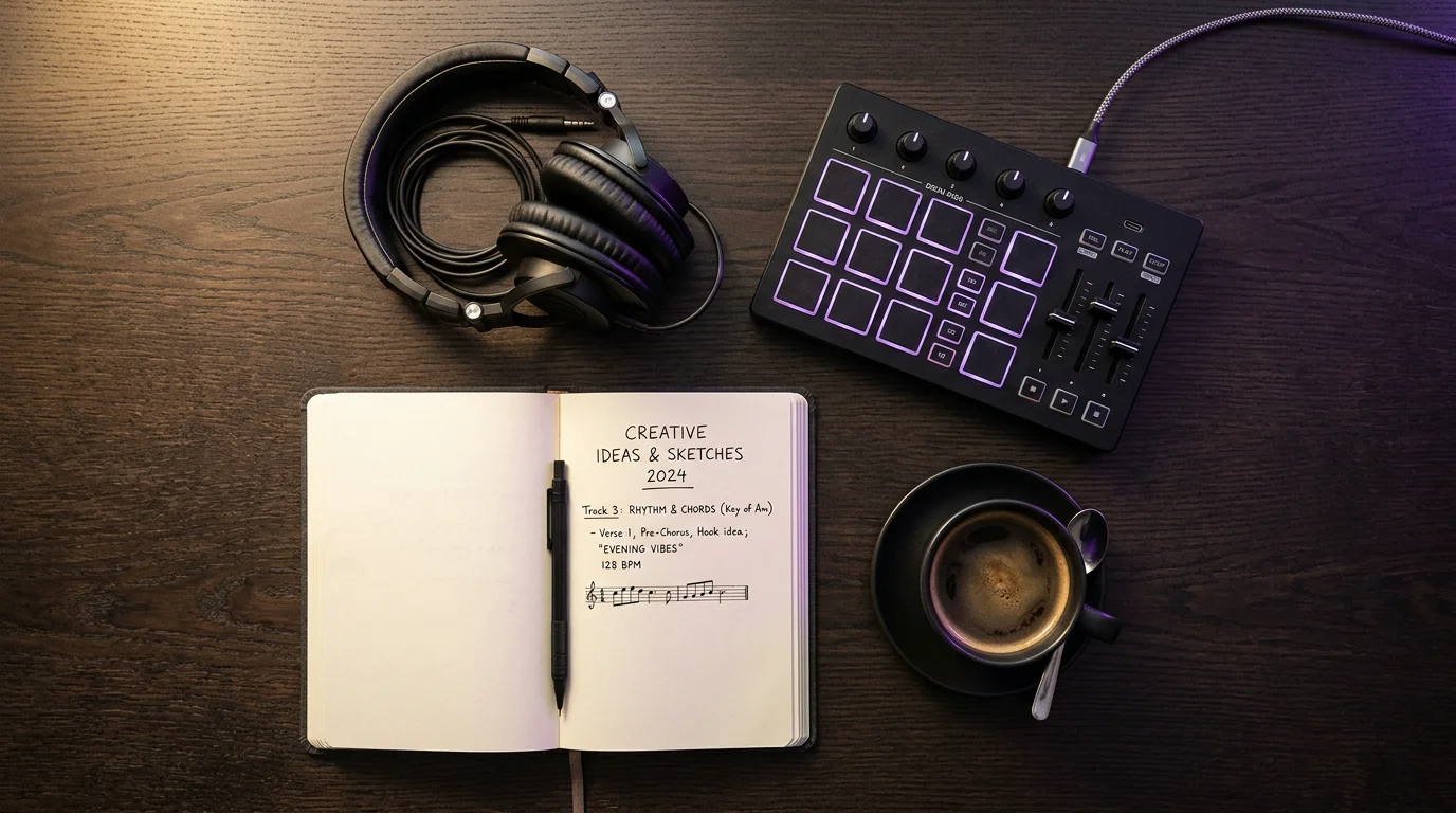Flat lay of beatmaking gear including pad controller and headphones