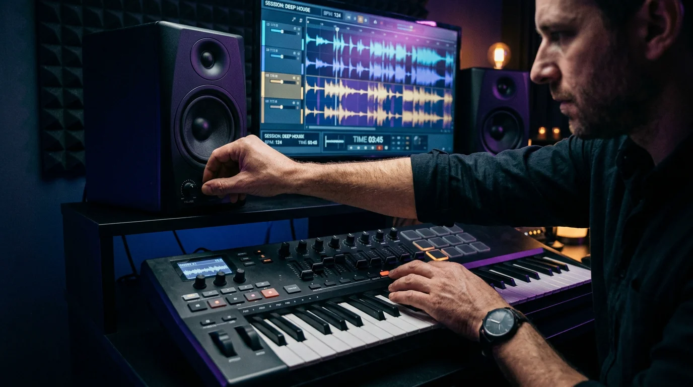 Producer shaping electric piano sounds on a MIDI keyboard in a studio