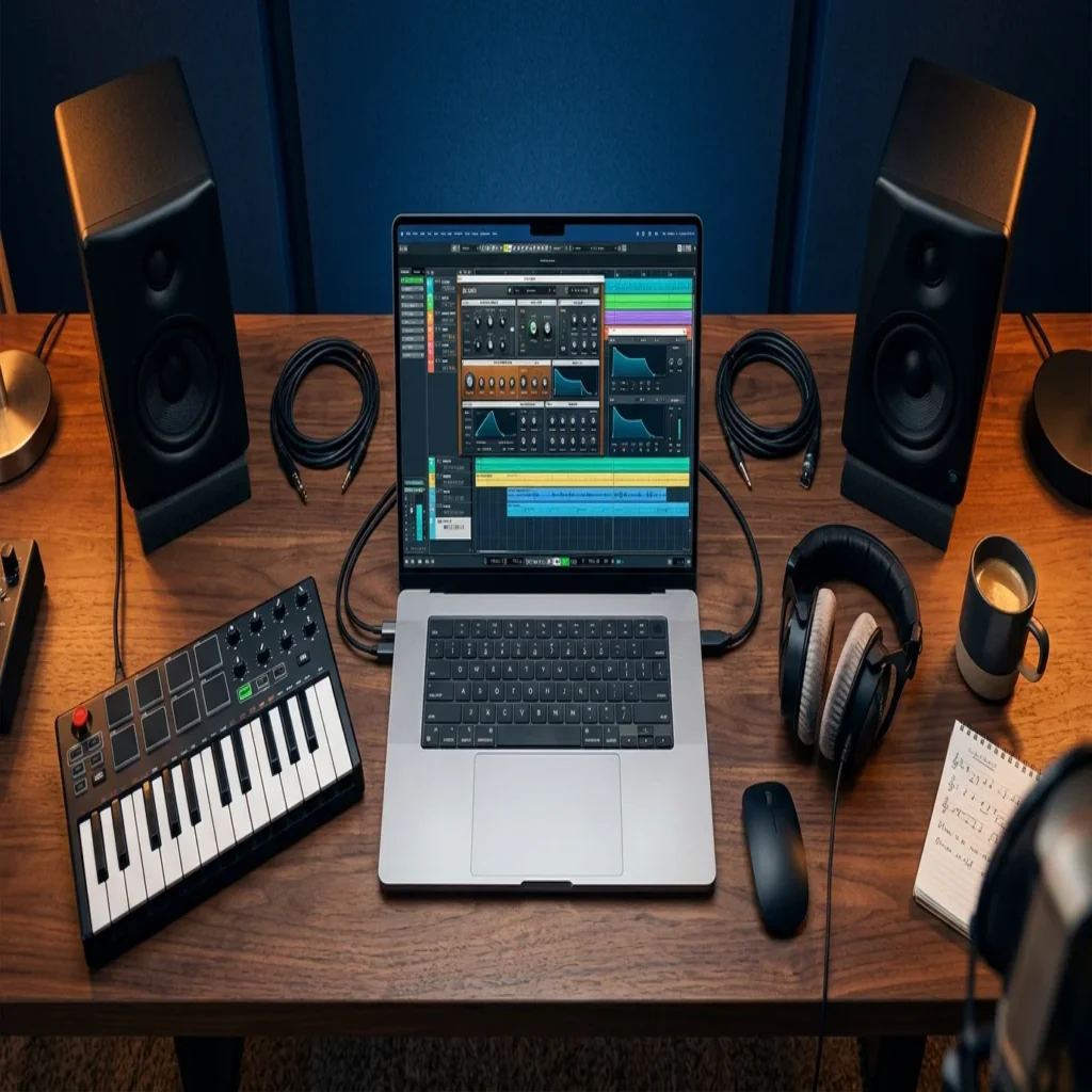 A modern music production workspace with a DAW and virtual instruments on screen