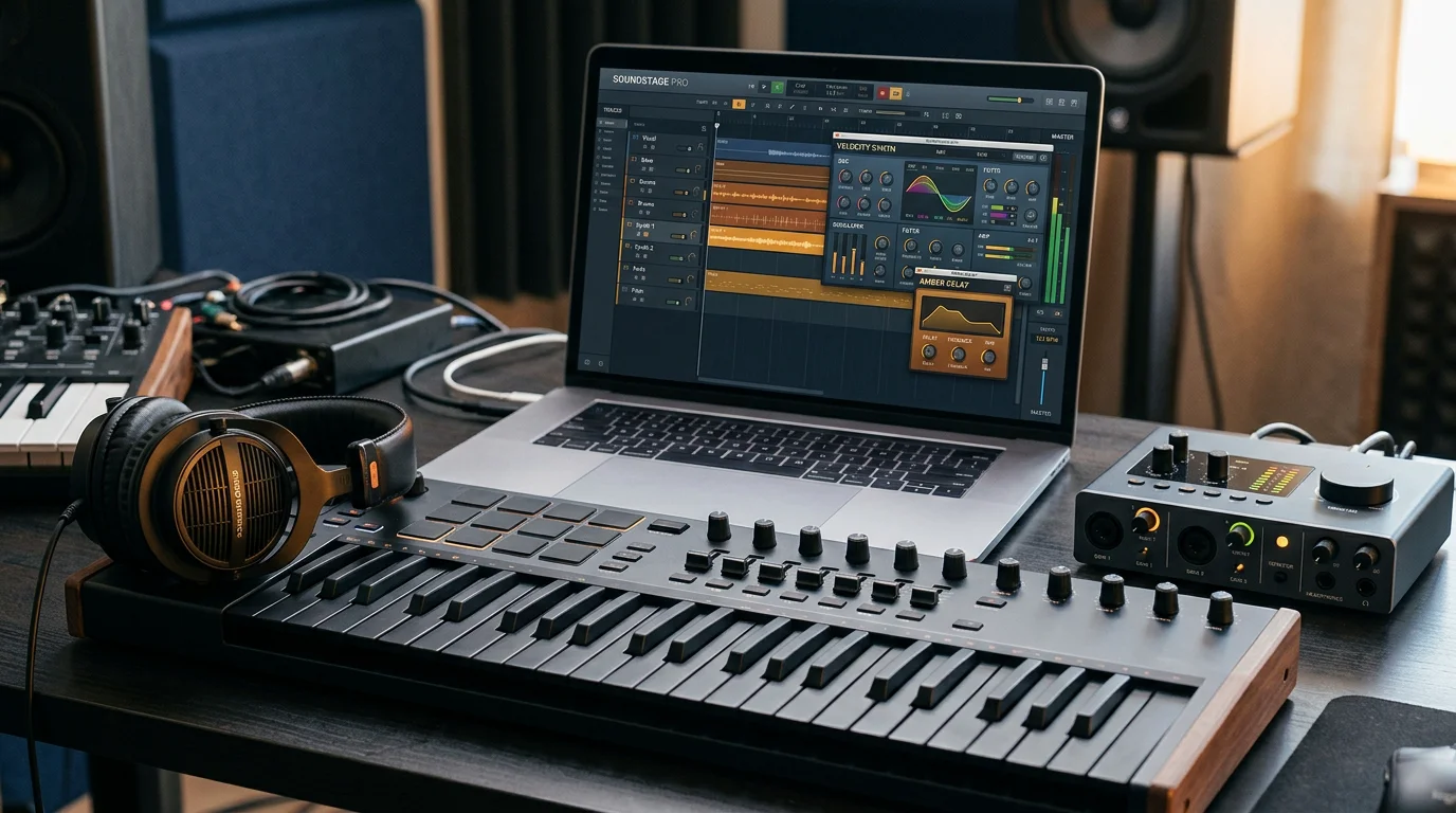 A home studio desk with a DAW and virtual instrument plugins open on screen