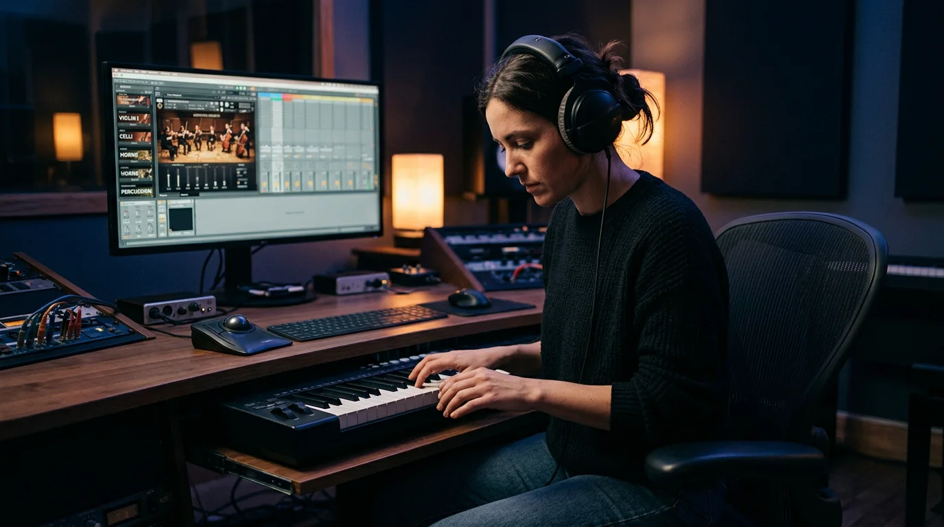 A producer playing a MIDI keyboard while a sampler runs on the studio monitor