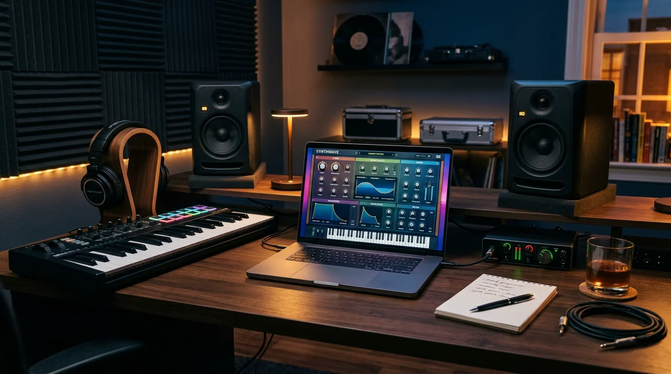 Home studio desk with a synthesizer plugin open on a laptop next to a MIDI keyboard