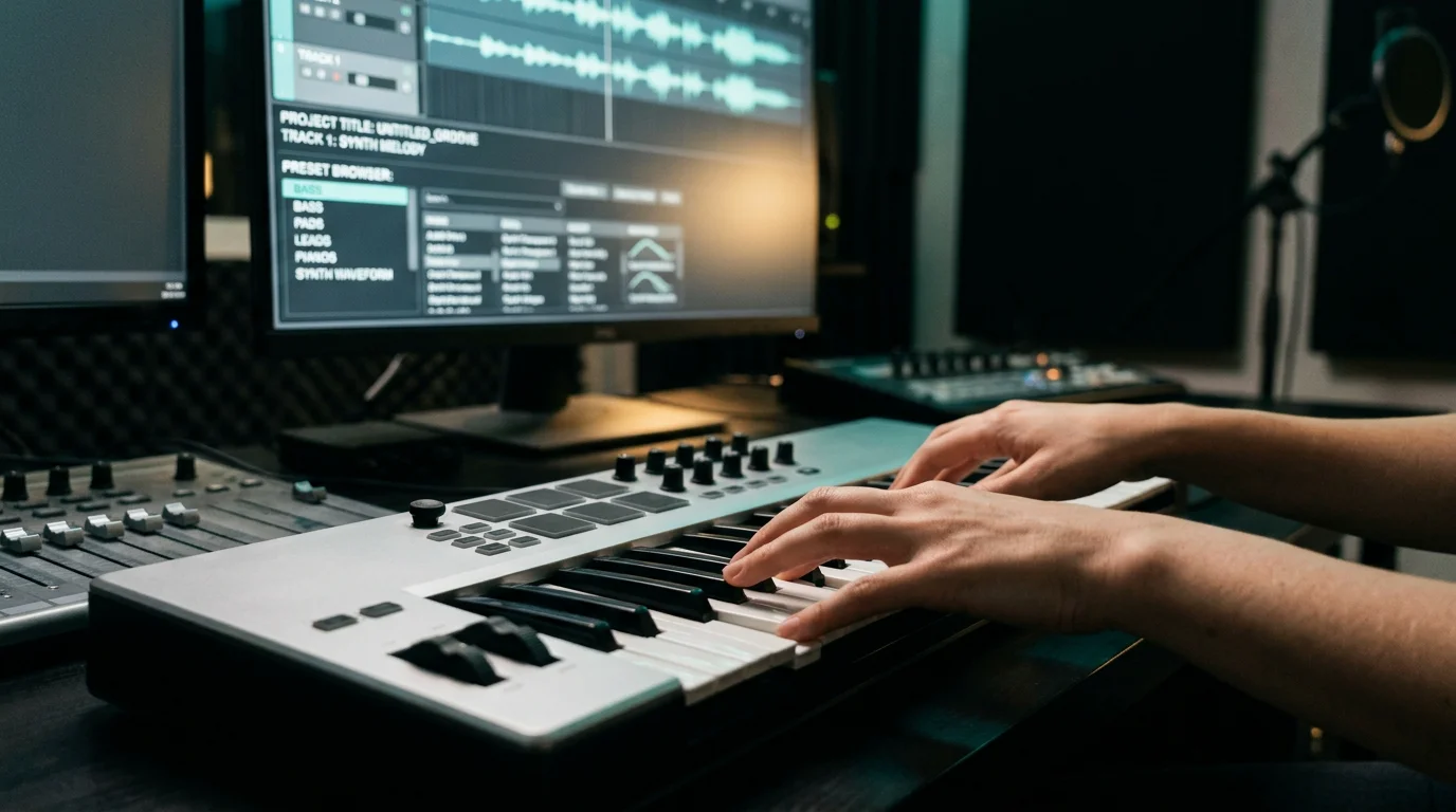 Producer's hands on a MIDI keyboard with a preset browser glowing on screen