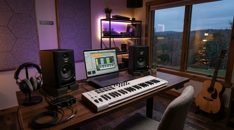 Home music studio with a synthesizer plugin open on a laptop in a digital audio workstation