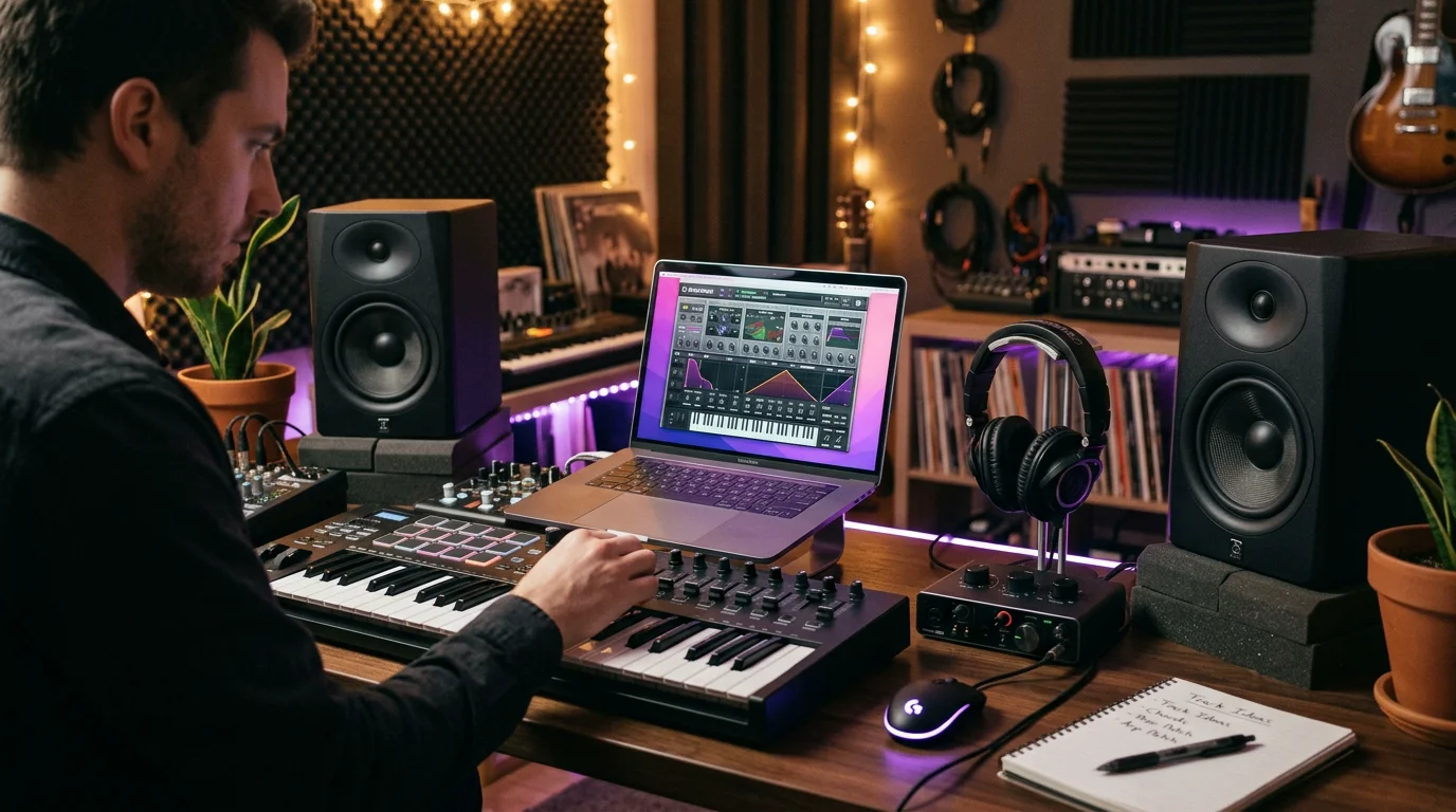 Producer workstation with a software synthesizer open in a digital audio workstation