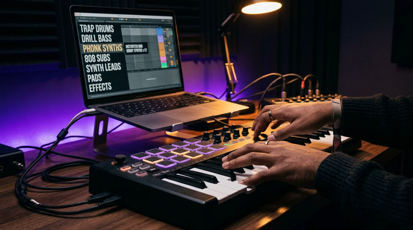 Producer selecting genre presets on a keyboard to overcome creative block