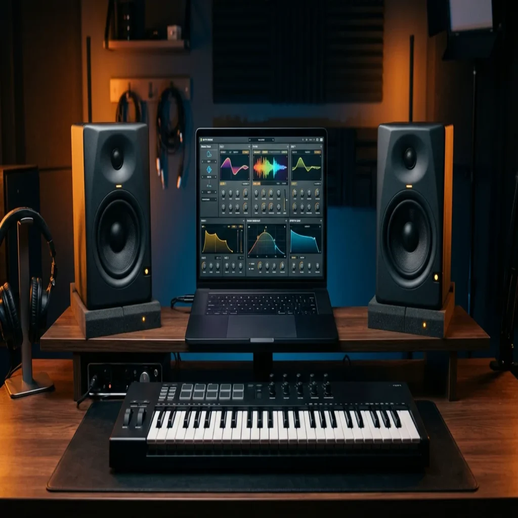 Music production workstation with laptop, MIDI keyboard, and studio monitors