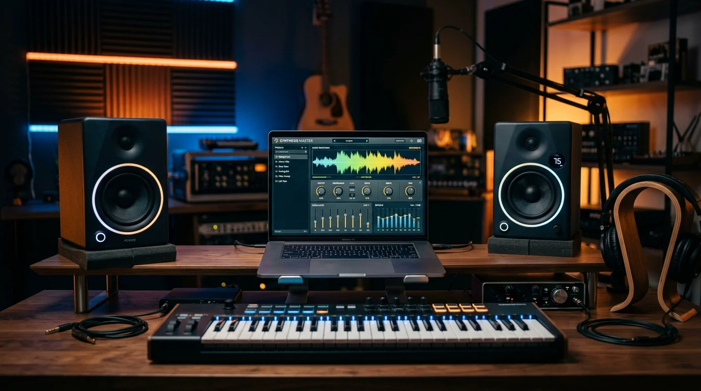 Home studio desk with a laptop displaying a plugin preset browser