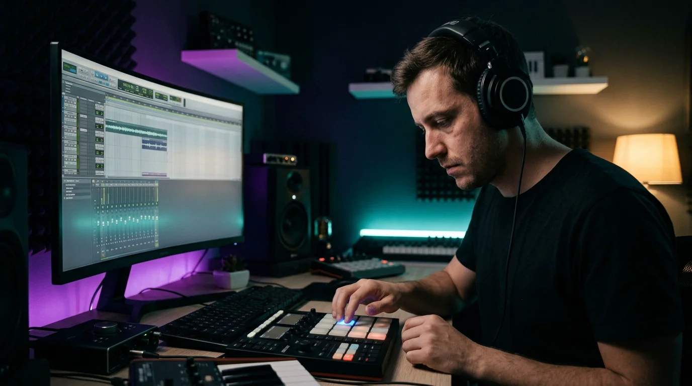 Producer with headphones working on a beat using a pad controller at night